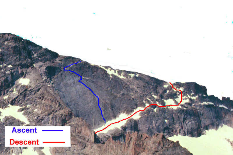 Photo of Chief's Head with Much Ado About Nothing climb and descent indicated.