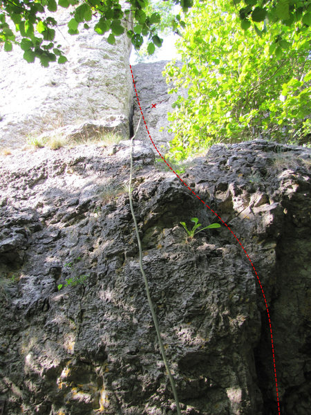 The route clips relatively few pieces of protection. Beyond this picture is a tree you can use for protection.