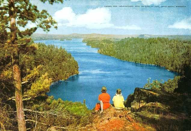 Old School postcard of the view atop Caribou Rock.