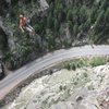 Lance swinging back in off the arete. <br>
Some sweet exposure nearly 500ft of air to the river.