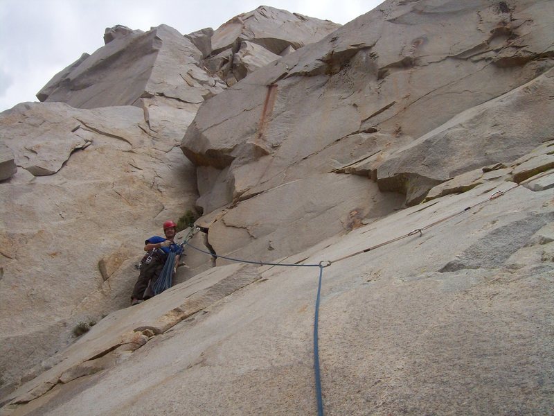 Josh at the 3rd belay with the fourth pitch directly above.