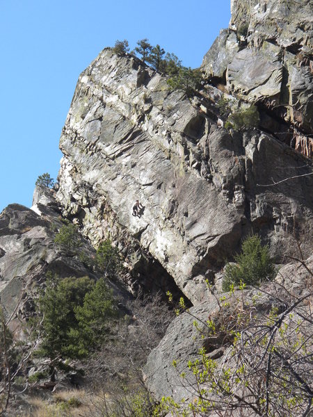 Climbing between the first two bolts on The Dispensary.