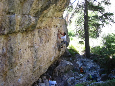 Lower 2/3 of The Barnum Route.  The crux is right off the deck and the second boulder problem is the bulge whose bottom half is at the top of this photo.