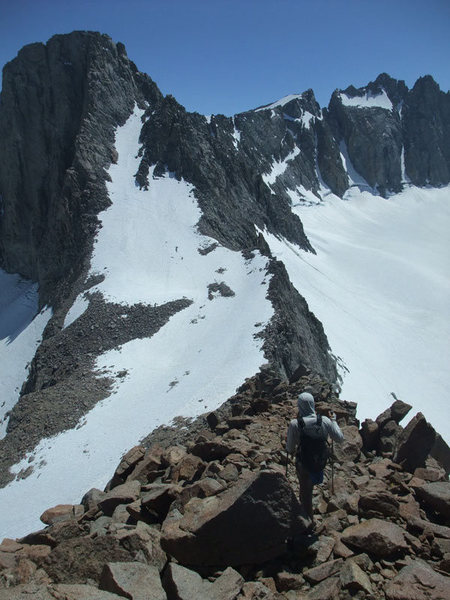 heading down easy slopes to the L-shaped couloir on Sill