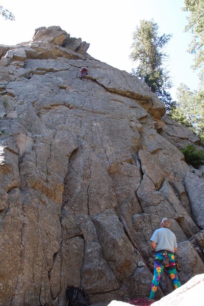 Tally O'Donnell on Quicksilver, belayed by brother Timothy O'Donnell. Lycra is shown for scale.