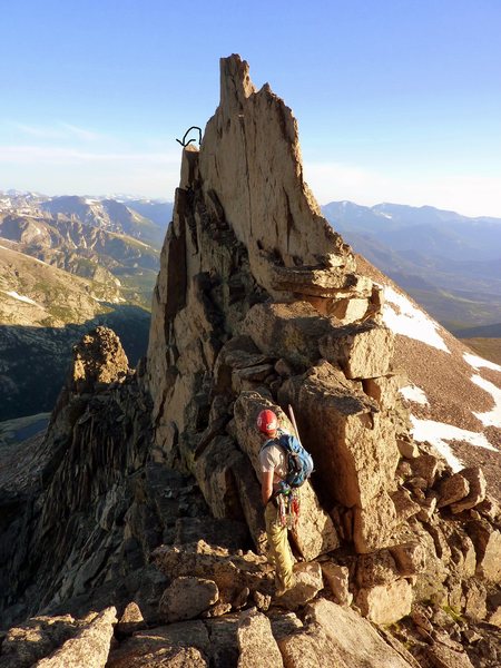 The downclimb off the tower and exposed traverse.<br>
<br>
Photo Credit: Sean.