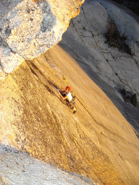Michy cranking out the end of the "crux" pitch.  