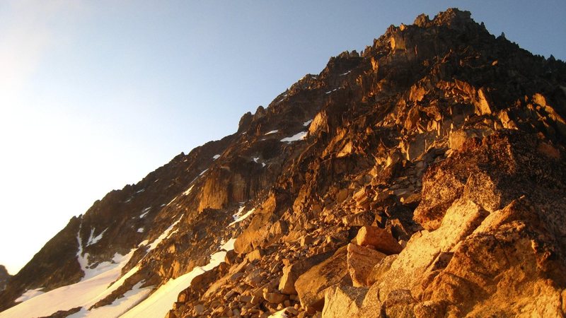 The view of the Upper North Ridge from near Goat Pass.  The snow gully that gains the ridge can be seen at the bottom of the photo.  