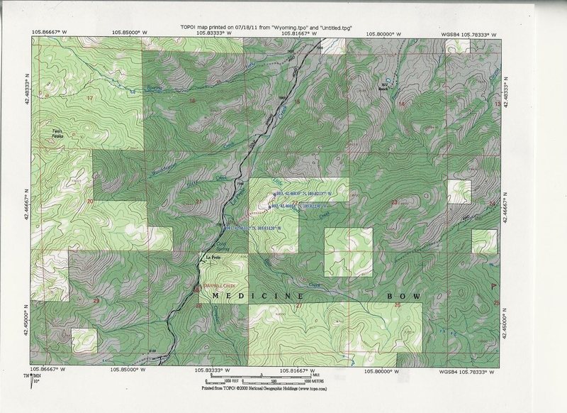 Topographic Map of the Region around the Little Bear Rocks in the vicinity of Campbell Creek Campground.  The GPS numbers on the map  are 001 trail head parking flat, 002 Saddle on trail to Little Bear Gulch Rocks, and 003 is Pika Pinnacle. 