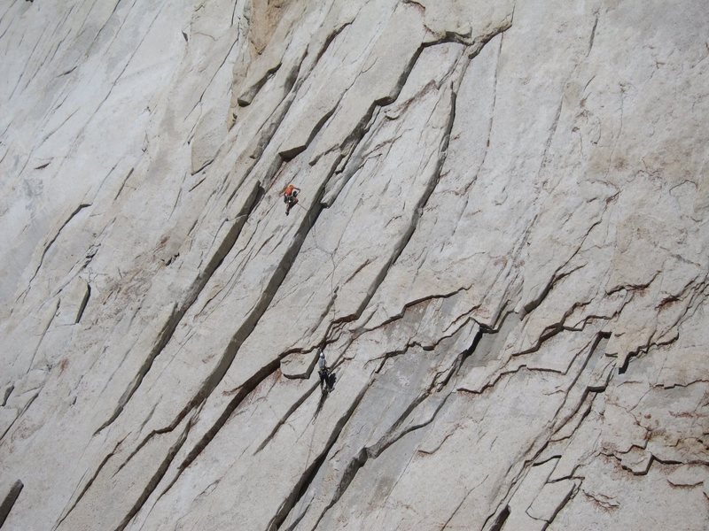 Luke just past the crux on the second pitch on Lost in the Sun. 