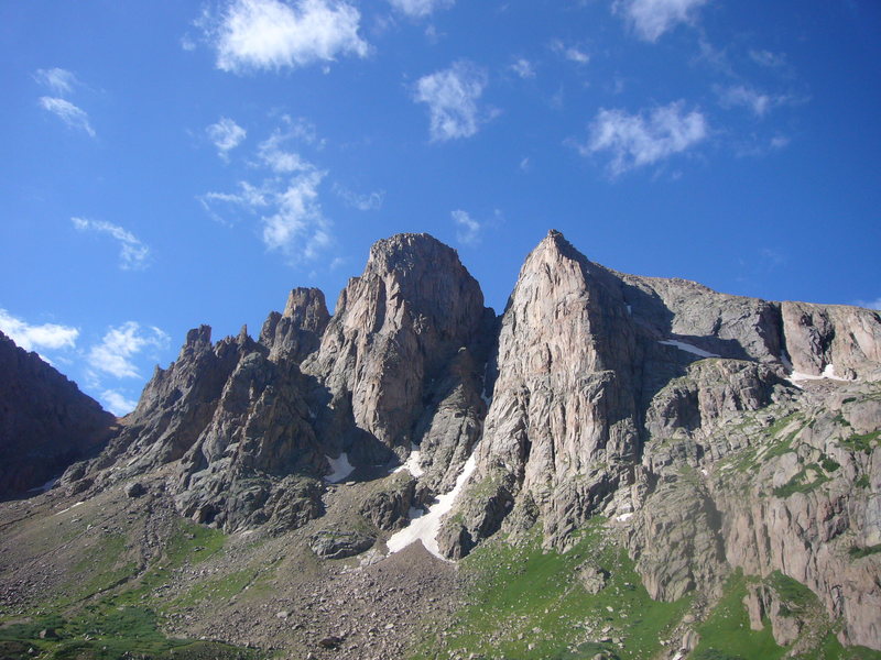 Turret Needles from right to left: Turret Peak, 13,853'; Peak 15, 13,700';  Peak 16, 13,500'; Peak 17, 13,220'.