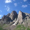 Turret Needles from right to left: Turret Peak, 13,853'; Peak 15, 13,700';  Peak 16, 13,500'; Peak 17, 13,220'.