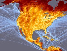 Cutout from a larger map illustrating accessibility of world cities.