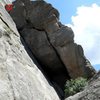 The whole route.  The crux is getting past the roof and established in the crack.  There is a cable anchor at the top of the dihedral where the red "C" is shown.