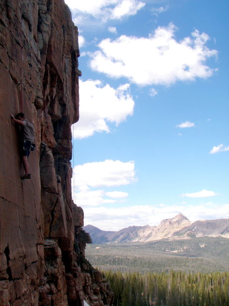 Dave 'Gramps' Shiembob lacing the bouldery crux on the Shield. Photo by Heather McCartin