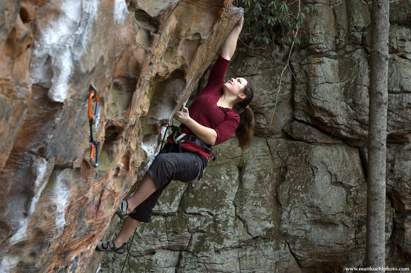 Lindsay Reareon on Fuzzy.  This angle shows the routes steepness well.  November 2009 www.mattkuehlphoto.com