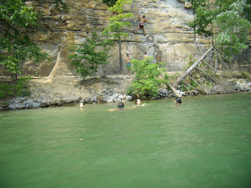 Swimming and climbing at Summersville Lake.  Family road trip summer 2011.