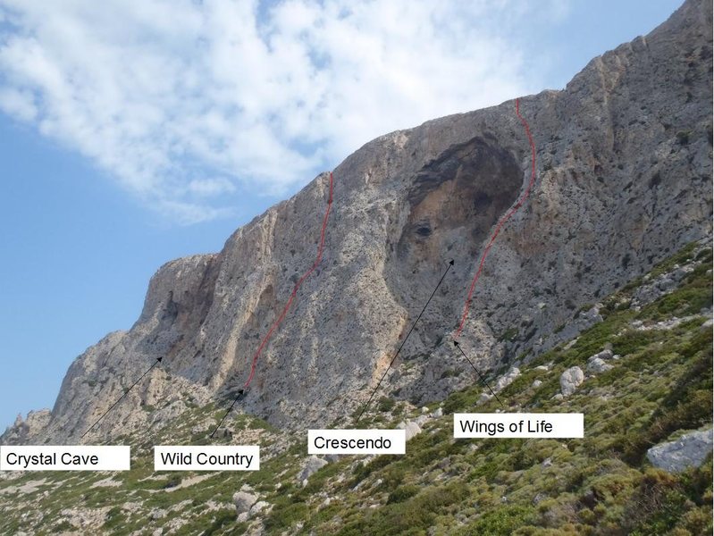 South Face of Telendos climbing sectors and two of the multipitches.