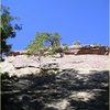 At the base of the East Face.  The crux roof is just above the higher tree.