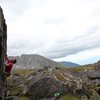 Jared LaVacque on Captain Kaboom, V6, Captain Kaboom boulders, Independence Mine area, Alaska