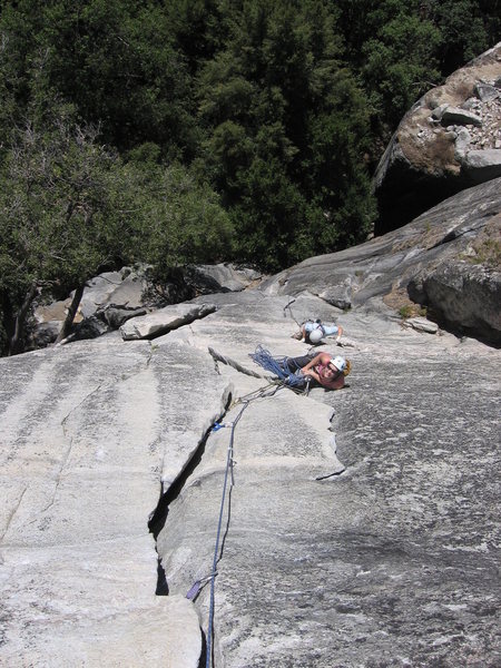 The optional belay on bishop's terrace. I remember that flake being pretty wobbly. Might be better to just keep climbing.