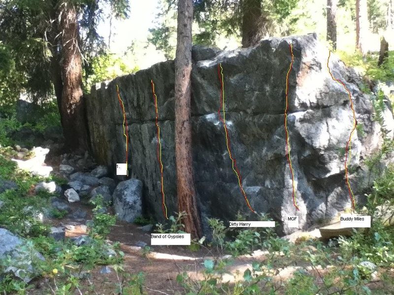 Machine Gun<br>
<br>
Five lines on the boulder.  I don't know what people are calling the left most line if anything.