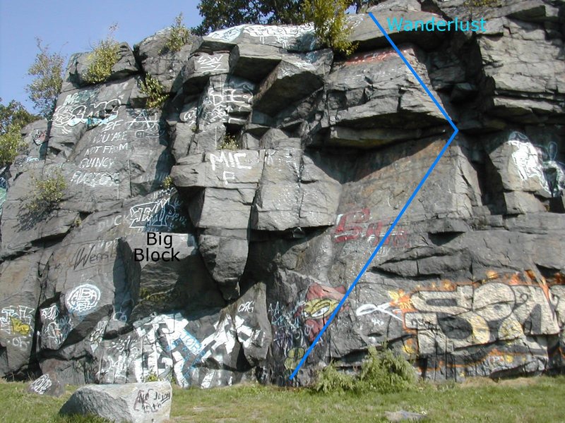 Wanderlust. Route is approximate, taken from description in Boston Rocks by Doucette and Ruff. Big Block is marked, located to the left of the route.