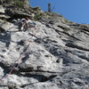 Slabby crux of the 1st pitch of Beast.