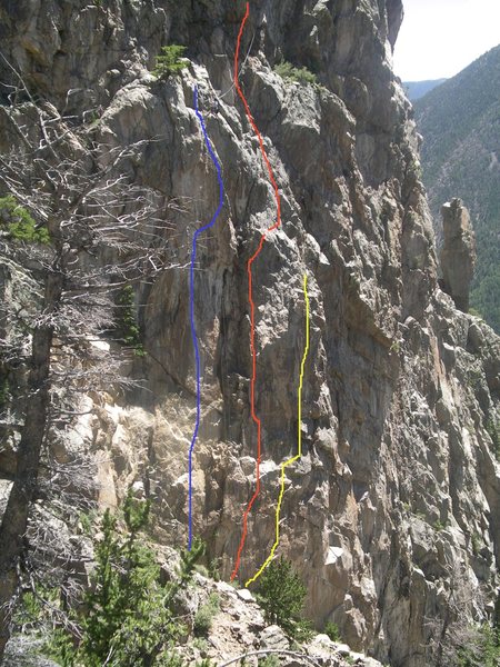 A Twitch Upon the Thread (submitted as Unknown) is the center route in orange. P2 extends to an overhanging block beyond the photo.