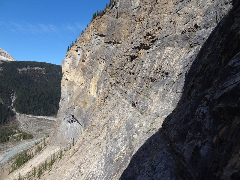 Team of 3 at the pitch 3a belay, just before walking the ledge to the chimney, where this picture was shot from.