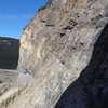 Team of 3 at the pitch 3a belay, just before walking the ledge to the chimney, where this picture was shot from.