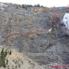 Photo topo - Ramey 2011<br>
Belay 3 is approximate since there are multiple stations, 3a and 4a are omitted for clarity. From station 2, just simul to 4a or 4 or scramble to the end of the rope and find the closest station as there are several to choose from.