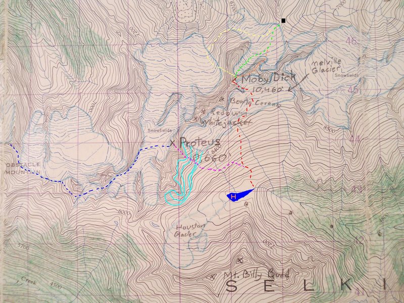 MOUNT PROTEUS<br>
scale 1 : 50,000<br>
contour interval 100 feet<br>
<br>
MOBY DICK<br>
black box - Pequod Pass<br>
red - South Face Rib<br>
orange - Boomerange<br>
yellow - Oh no! Wall<br>
green - North Glacier<br>
<br>
PROTEUS<br>
blue blob - Houston Lake<br>
lite blue - crevassed glacier<br>
blue dash - 1947 route<br>
violet - Tempus Fugit<br>
<br>
<br>
