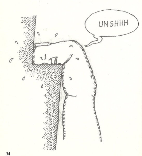 Tom Hanson cartoon from "Close to the Edge, Down by the River" climbers guide to Interstate Park