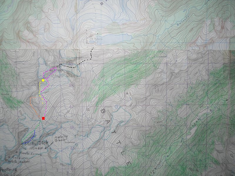 PEQUOD PASS ROUTES<br>
<br>
contours 100 feet<br>
<br>
red box - Pequod Pass<br>
yellow box - Mt Ahab<br>
<br>
orange - III, 5.6<br>
yellow - II, 5.6<br>
green - descent glacier<br>
blue - IV, mixed<br>
violet - III, 5.9<br>
black - 1914 route