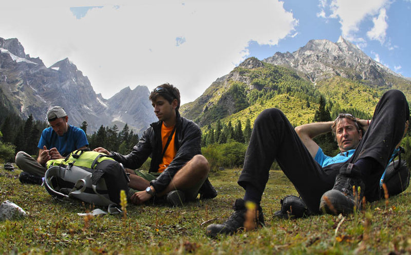 The team rests after arriving to basecamp