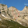 The approach and descent (in yellow) as well as general run of the two routes (in red).<br>
Photo by Axel Jentzsch-Rabl