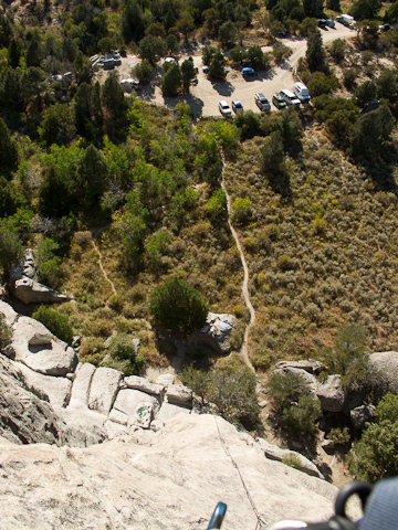 Parking and approach at Parking Lot Rock, as seen from the top of Delay of Game.