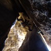 Looking up the first pitch in the chimney.  A tad R'ish.  Stem'O'rama!
<br>

<br>
Photo courtesy of Alan Ream.