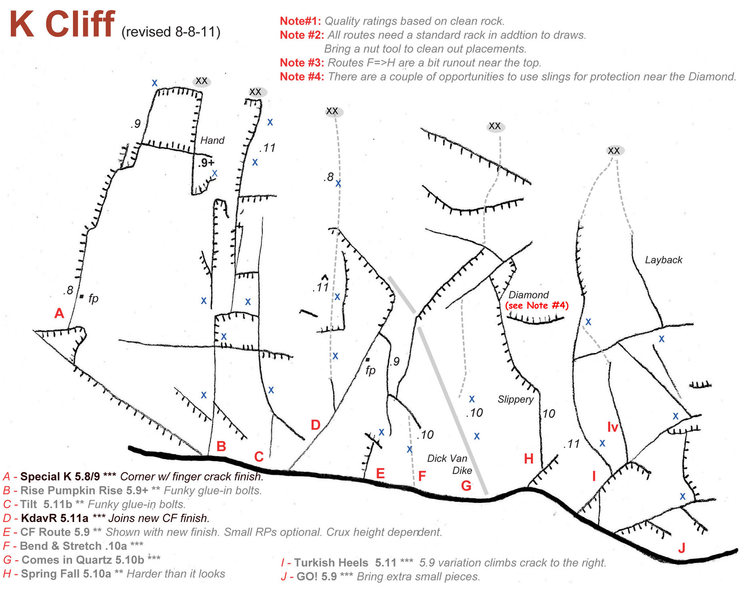 Topo for K-Cliff routes (Darryl Cramer, 8/2011)