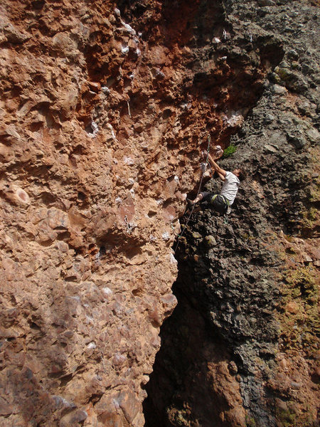 Matt Moore back on the arete just before the crux