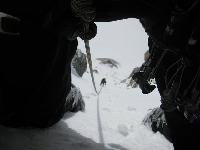 Coming up the lower section in deep snow.