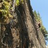 Jason Halladay on Nescafe (5.9).  Warm weather climbing in late September.  The hops vines are starting to wither.