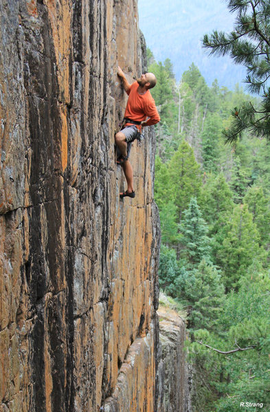 Alex on the upper face below the roof.<br>
Clear Cut (5.10).