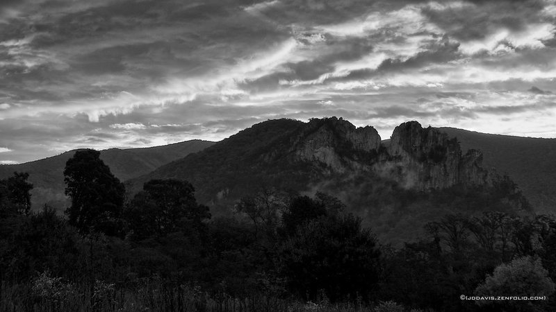 Seneca Rocks from the meadow at Seneca Shadows on a stormy September morning