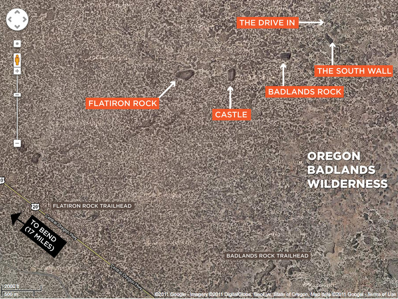 Satellite view of the Oregon Badlands Wilderness (courtesy of Google Maps).