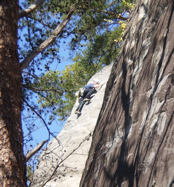 JP at the slabby crux near the top of Bear Hunt.