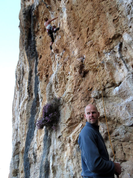 Another day with Fiona cruxing on the sharp endanother day with Sean oblivious on belay.