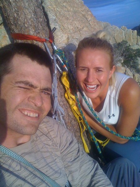 Kristina and I on the 2ed belay ledge (tree) with the tree that is the anchor and our primary (out of 2) sling anchor on the tree.