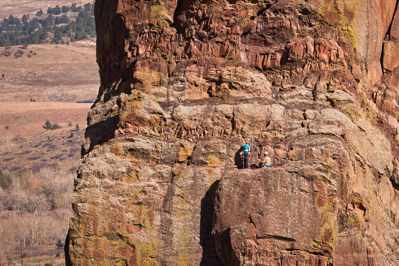 Climbers starting the exit pitch on the West Face of the Bastille.